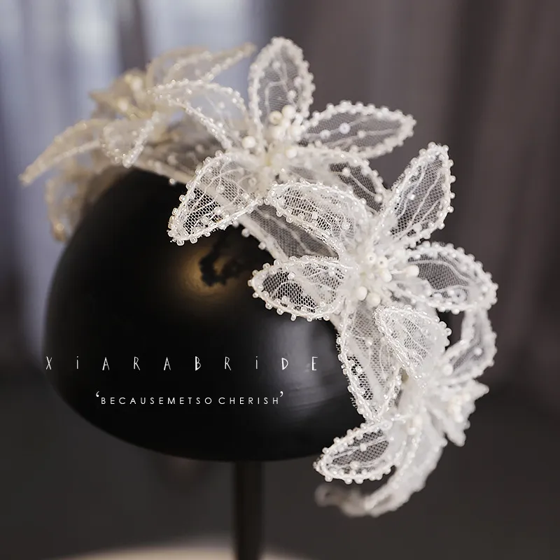 Conception originale dentelle fleur petite perle perlée bandeaux mariée bandeau mariée mariage décoration cheveux accessoires 0615