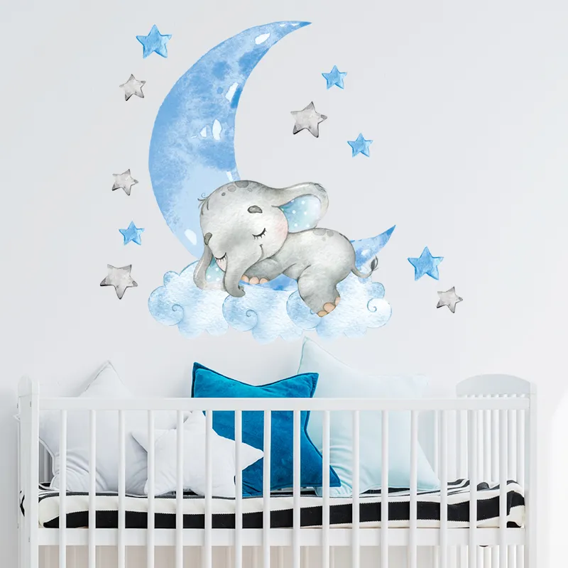Baby pojke elefant sovande månvägg klistermärken för barn rum barnkammare dekoration dekor hem dekor tecknad djur 220716