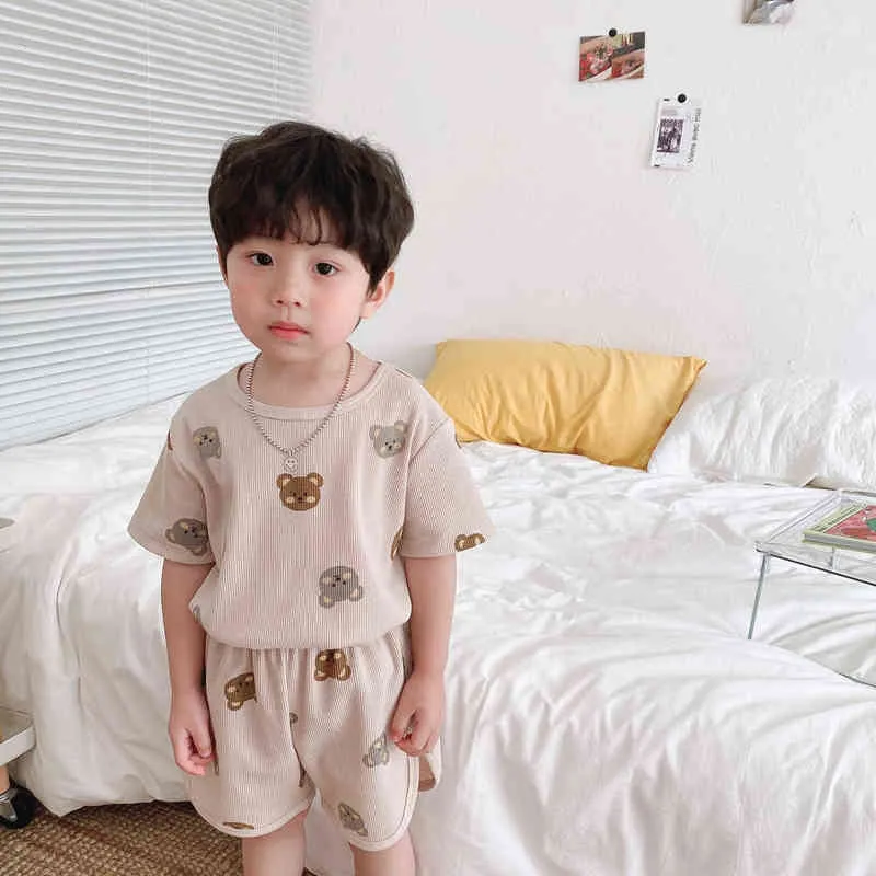 Summer boys and girls home clothes waffle short-sleeved T-shirt girls boys go out breathable casual shorts children's suit G220509