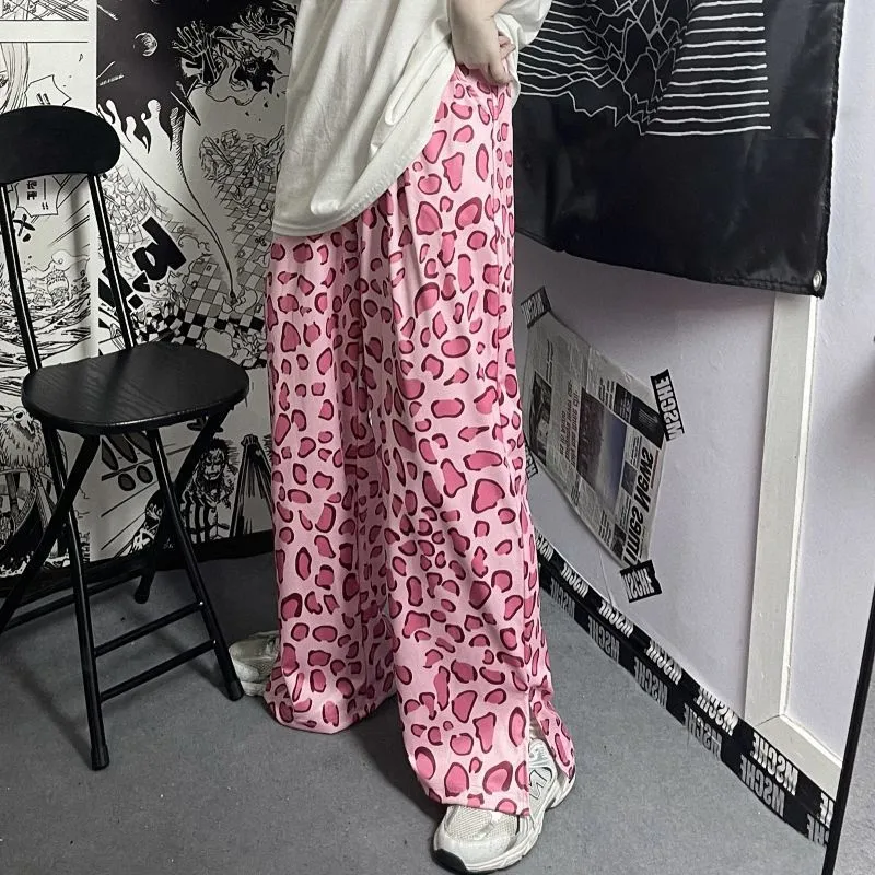 Calça feminina calça largura calça de perna larga rua de verão rosa impressão de leopardo reto Casual high slim Tren y2k Trouser Suits Harajuku 220527