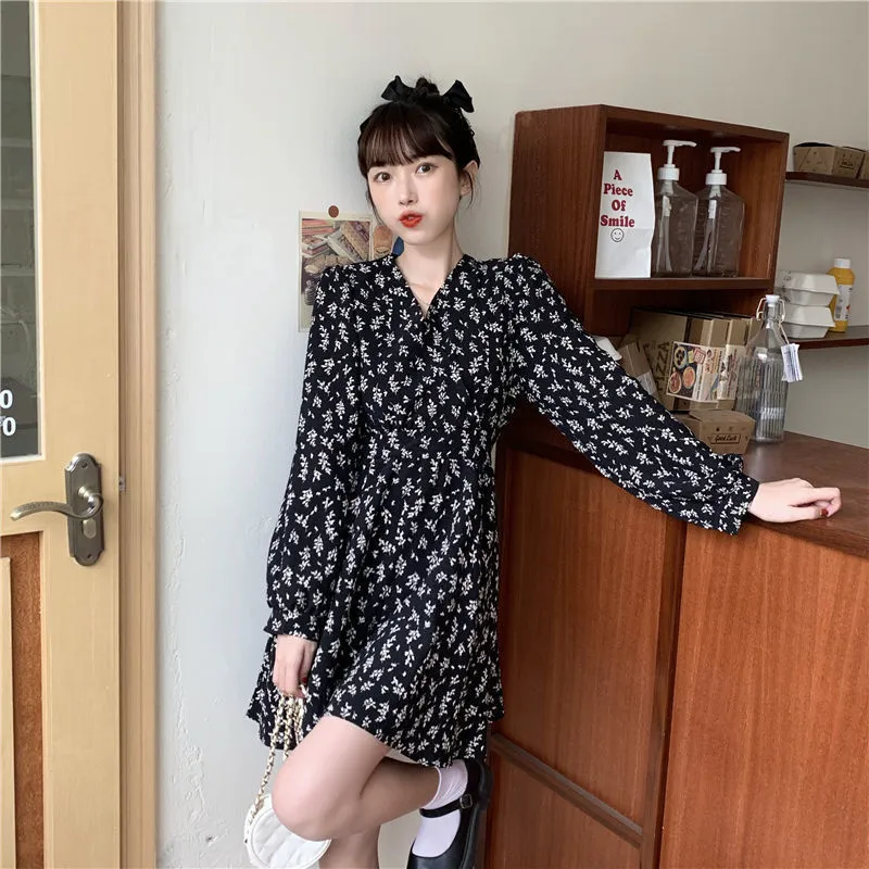 Robe de printemps femmes imprimer col en v féminin Style coréen élégant loisirs collège Allmatch à la mode Ins doux Design Chic Vestido 220527