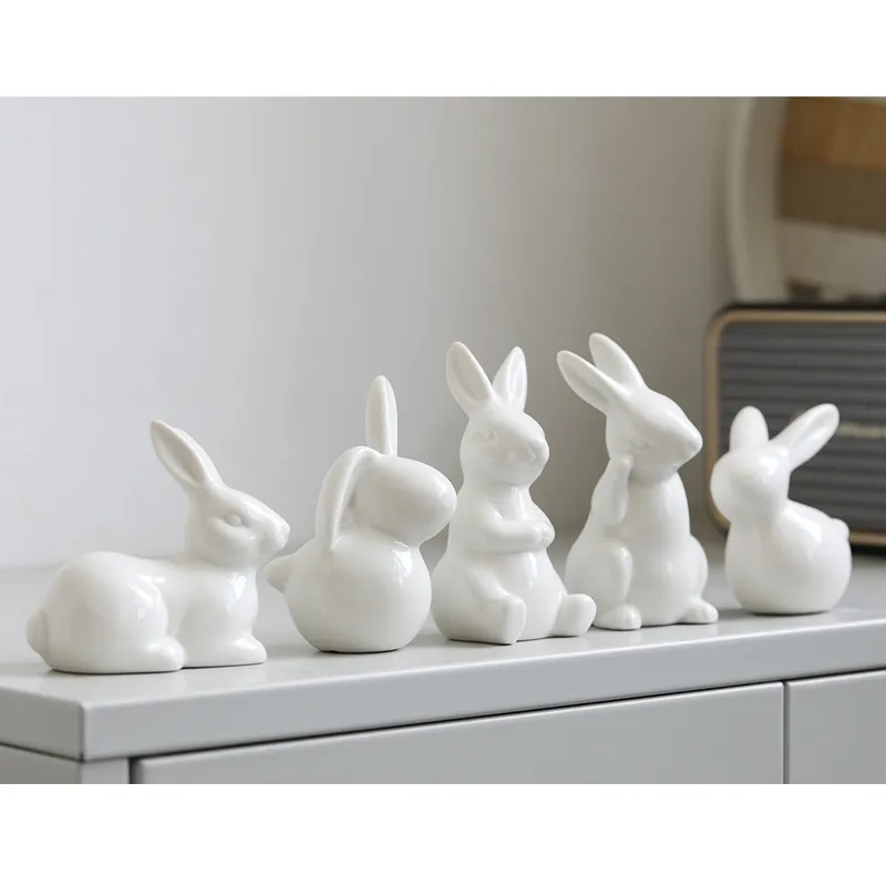 Ceramic Cute Pure White Rabbit Figurines Porcelain Table Home Decoration China Gift Modern Statue Handmade furnishings Home Deco