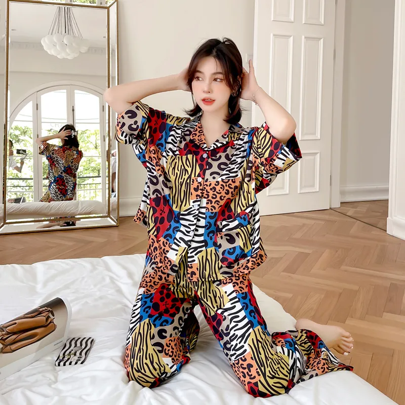 Fiklyc Long Sleeve Trousers Printed Women Pajamas Sets Fashion Ice Silk Underwear Satin Pyjamas Bohemia Style Nightdress 220329