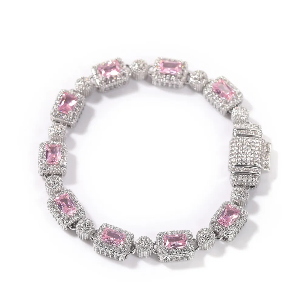 Pulsera de tenis de circonita rosa con incrustaciones de cobre de Hip Hop para hombres y mujeres, pulseras de cristal mezcladas de diamantes de 7 pulgadas y 8 pulgadas, accesorios de joyería 290m