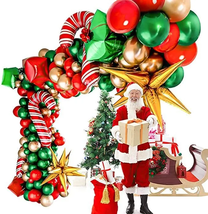 Jul Balloon Arch Green Gold Red Box Candy Balloons Garland Cone Explosion Star Foil Balloons Christmas Decoration Party 220428