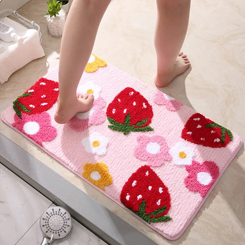 Niedliche Erdbeer-Bodenmatte, rutschfest, für Bad, Schlafzimmer, Flur, Eingangstür, Toilette, saugfähiger Teppich, Blumen-Fußteppich 220511