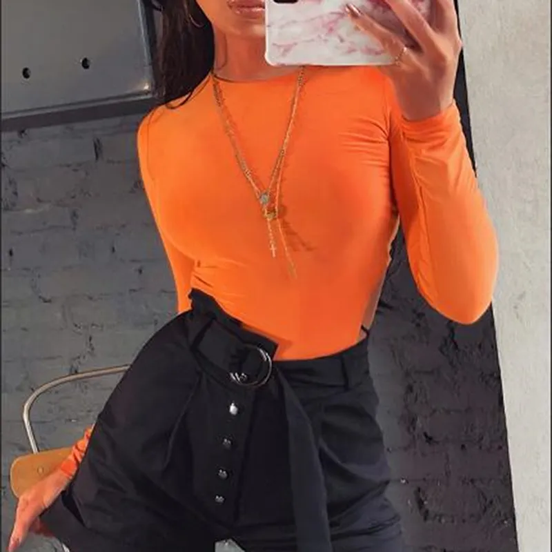 Bodycon Sexy Neon Orange Bodysuits Женщины осени с длинным рукавом твердый зима базовый костюм для тела o neck black 220801