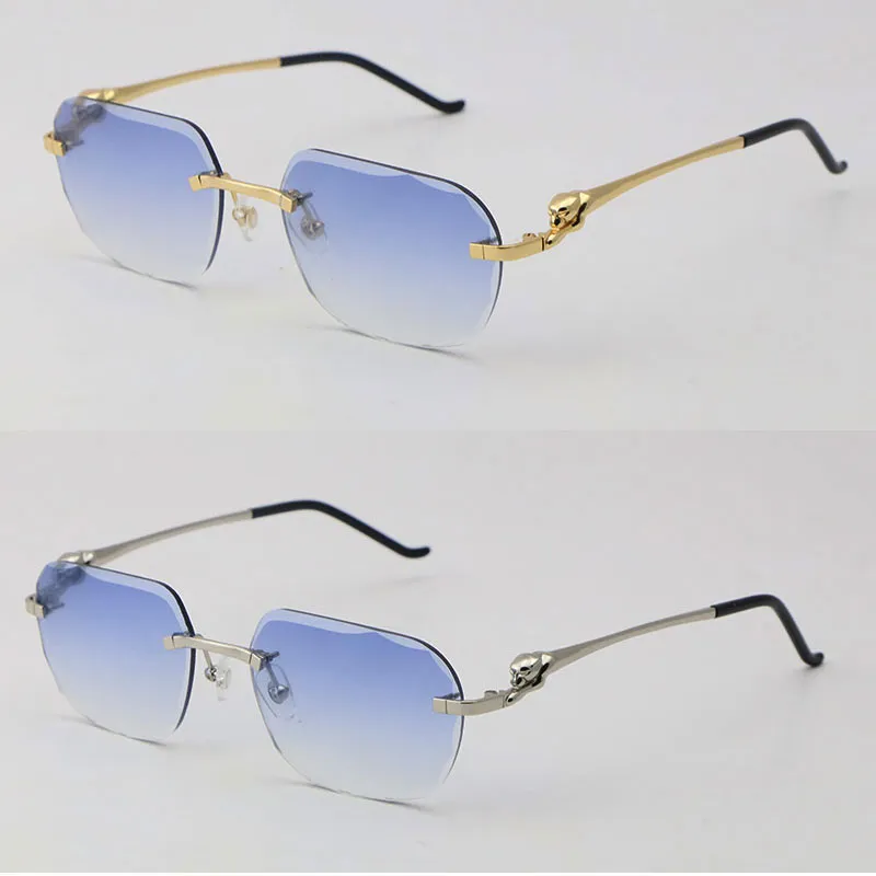 Ny Luxury Diamond Cut Lens Rimless Leopard Series Solglasögon Män kvinnor Rostfria solglasögon Rockar Wire 18K Gold Frame Round Glas296L