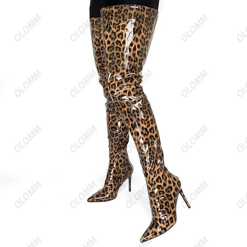 Olomm 여성 겨울 허벅지 부츠 Stiletto Heels 특허 뒤로 지퍼 가리키는 발가락 화려한 표범 파티 신발 숙녀 미국 크기 5-15