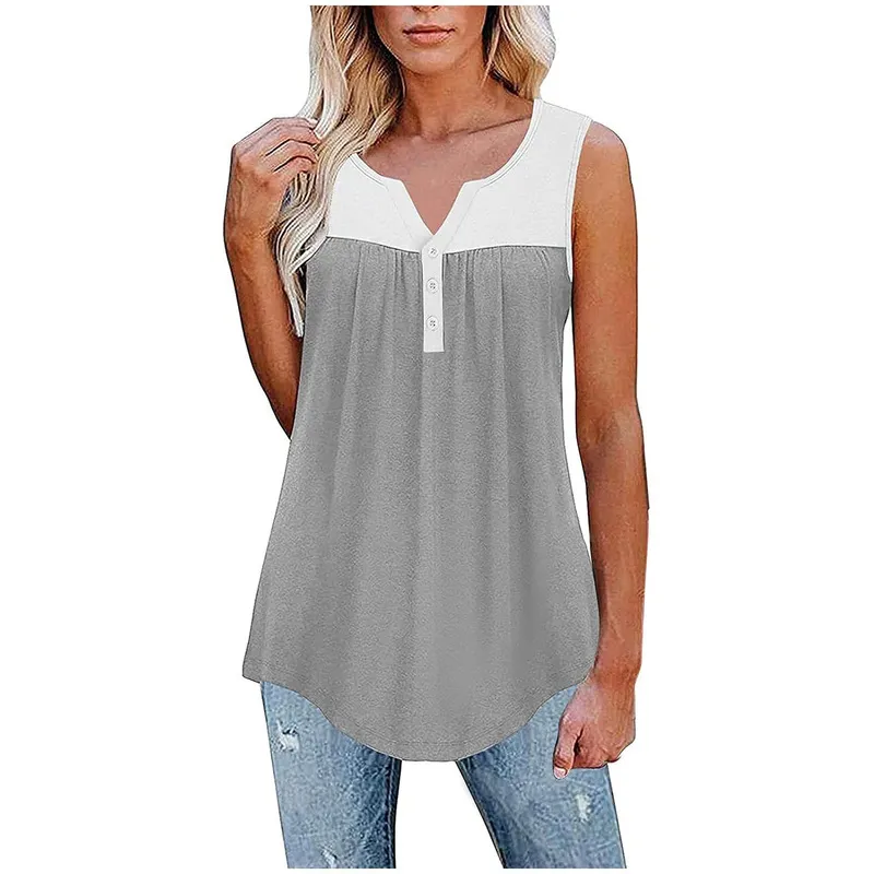 Summer Casual Bez Bezsprawki T-shirt Kobiety V-Neck Button Szycie Tank Topy Luźne Wygodne Plisowane kamizelki pulowerowe 220325