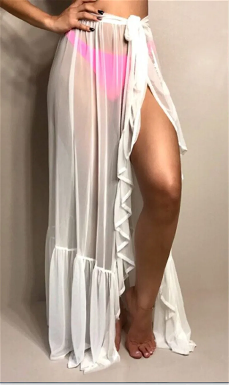 Sexy Mulheres Malha Sheer Beach Bikini Cover Ups Férias Protetor Solar Envoltório Saia RufflesDot Cintura Alta Split Up 220524