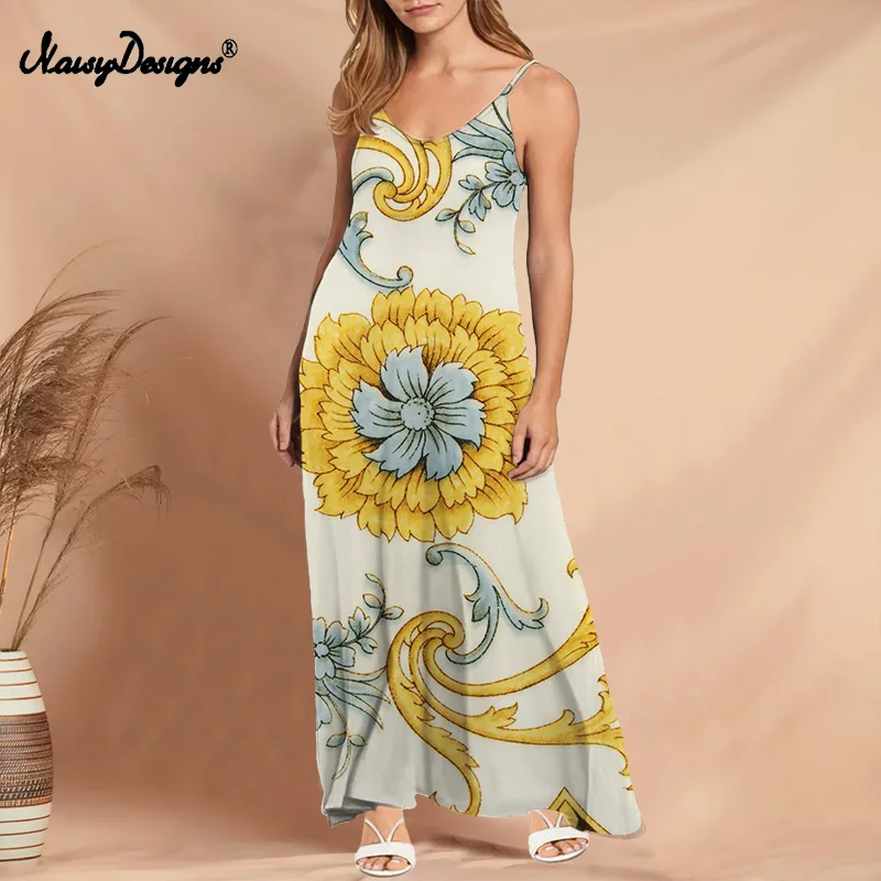 Noisydesigns robe sans manches femmes été doré Floral Vintage luxe modèle européen longue jupe à bretelles femme Boho fête 220627