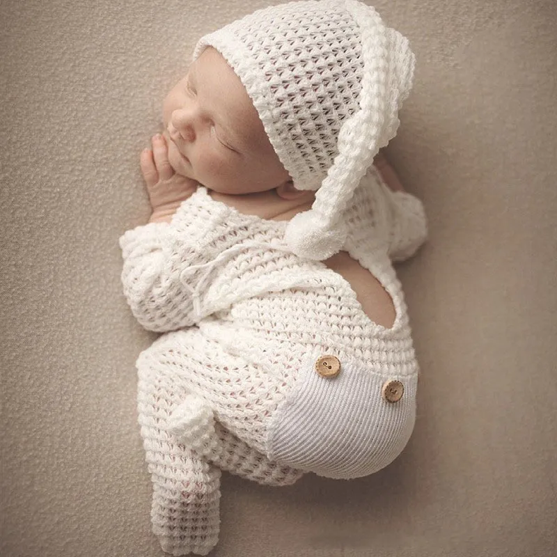 Roupas de Pogador Nascido Malha Crochet Chapéu   Jumpsuit 2 Pçs / Set Baby Po Adereços Acessórios Studio Infantil Shoot Roupas 220423