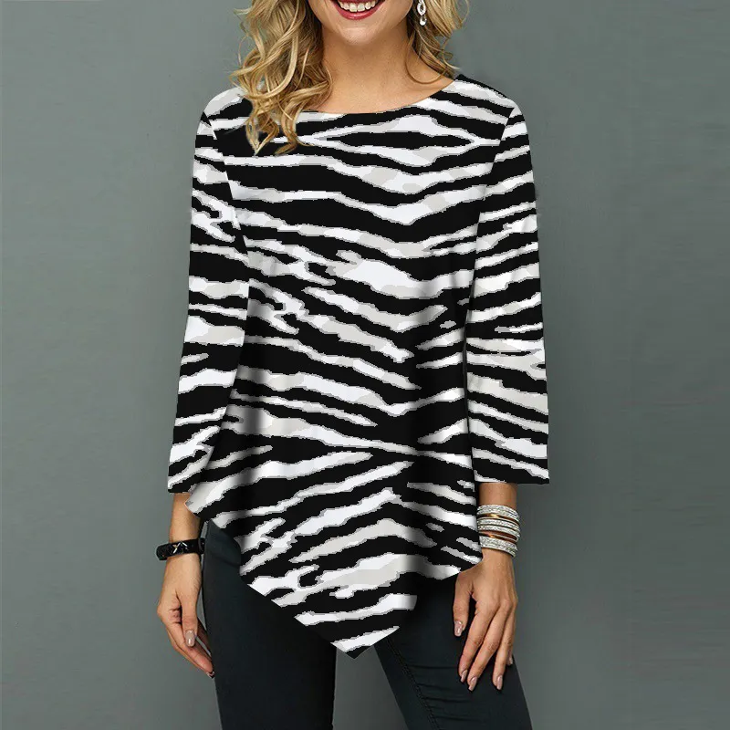 Automne vêtements pour femmes mode imprimé 3/4 manches t-shirts décontracté élégant grande taille t-shirt Femme tunique dames hauts 220328