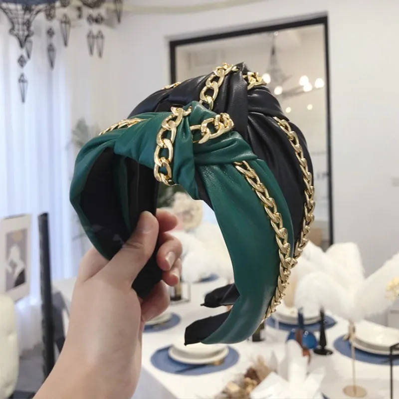 High-end boutique hair accessories women leather PU chain knotted wide-brimmed headband fashion girl hair band headwear