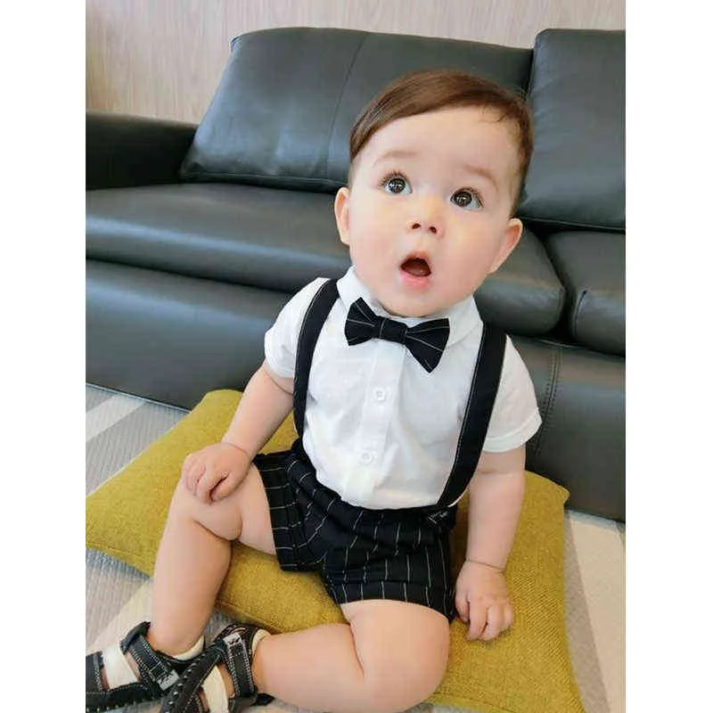 Baby Boy Summer Clothes Cotton Outfits Spädbarn Baby Boy Gentleman Suit Bow Tie Shirt Skjorta Sussel Shorts Pants Comfy Outfit Set G220509