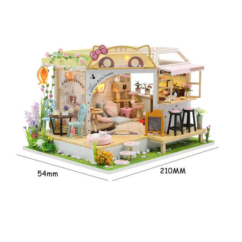 DIY Wooden Dollhouse Zestawy miniaturowe z meblami urocze koty kawa dom do lalki casa zgromadzone zabawki dla dziewcząt prezenty mini mini