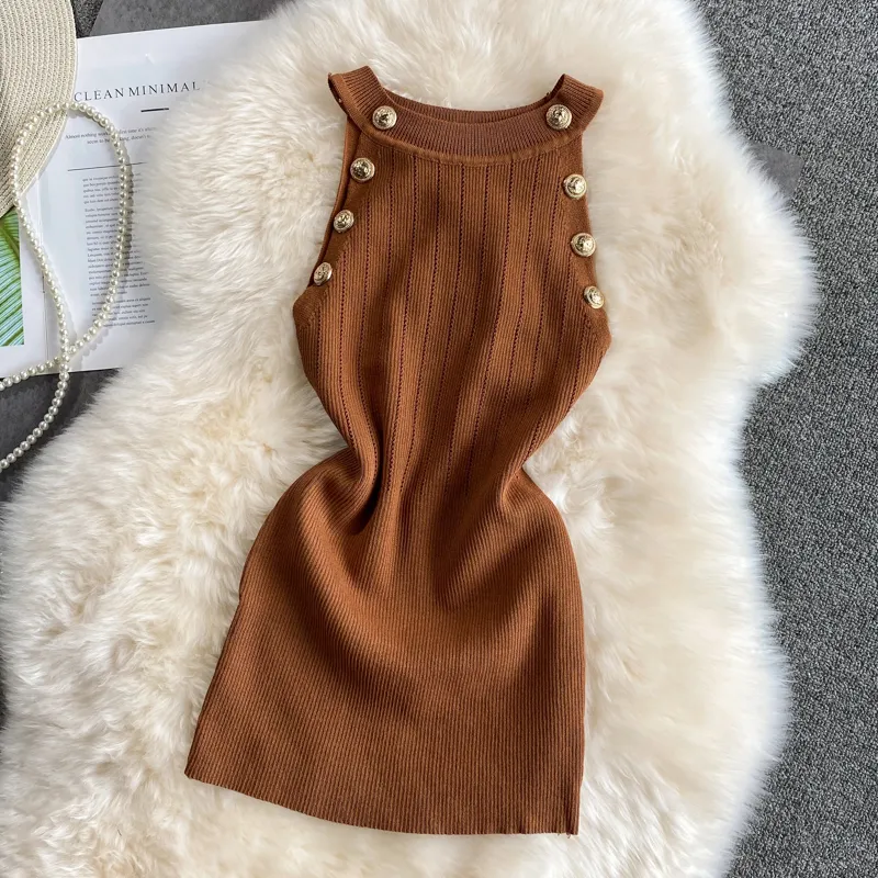 Summer Women Gold Buttons Halter Collar Tank Tops Female Stretchable Thin Hollow Out Camisole Sleeveless Short Tshirts Tees 220607