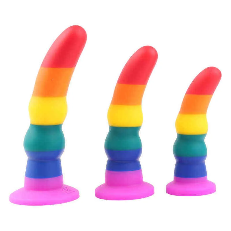 Nxy Anal Toys Rainbow Silicone Godes Plug Réaliste Ventouse Sexe pour Femmes Lesbiennes Masturbateurs Pénis Outils 220510