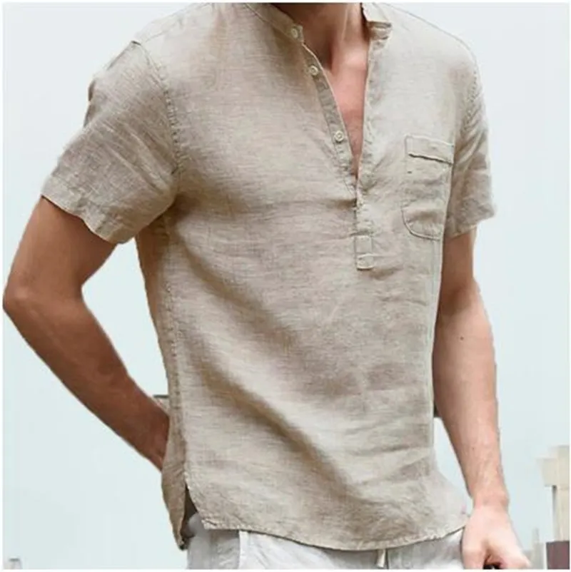Male Short Sleeve Linen Button TShirt Vneck Fashion Summer solid Casual Cotton Linen T Shirts Blouse Tees Men Clothing 220615
