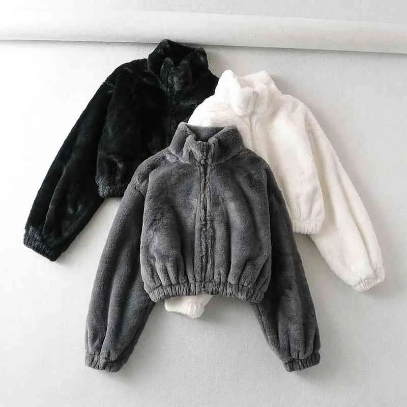 ICCLEK Korean loose imitation fur coat women's autumn and winter thickened half high collar zipper short jacket warm top T220716