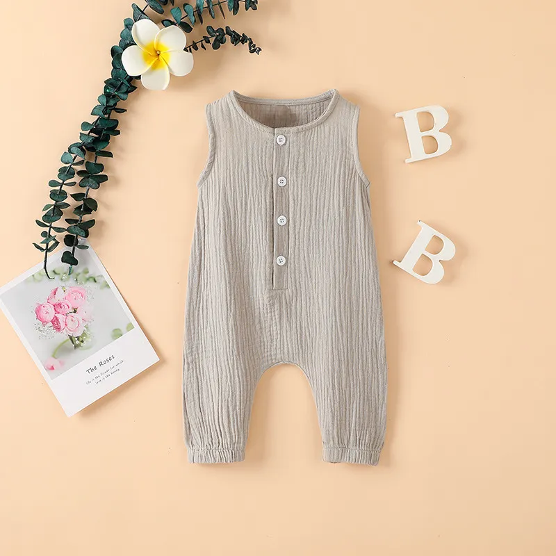 Summer Born Infant Baby Boys Girls Romper Jumpsuits Onepiece Overalls Solid Color Sleeveless Muslin Spädbarnskläder 220707