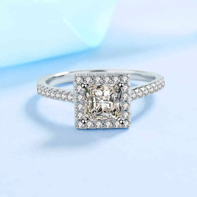 1 CT Princess Cut Moissanite Engagement 925 Sterling Silver Halo Diamond Wedding Band Promise Ring For Women Jewelry