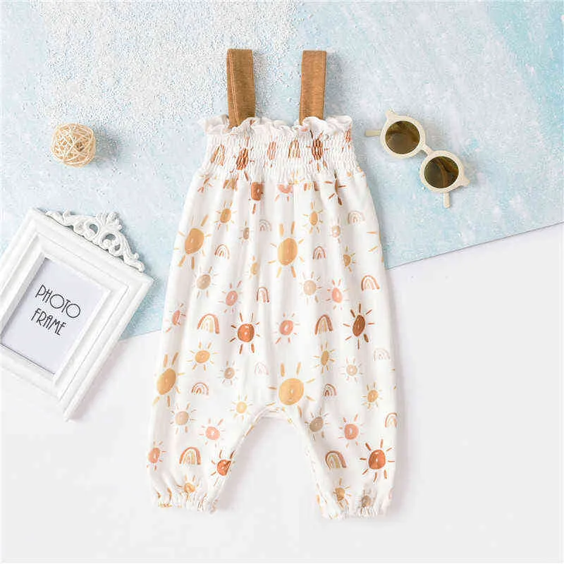 0-12m Bebek Yaz Taşıyıcıları Moda Yenidoğan Bebek Erkek Kızlar Güneş Basılı Kayış Tulumlar Uzun Pantolon Tulumlar Pamuk Kıyafetleri G220510