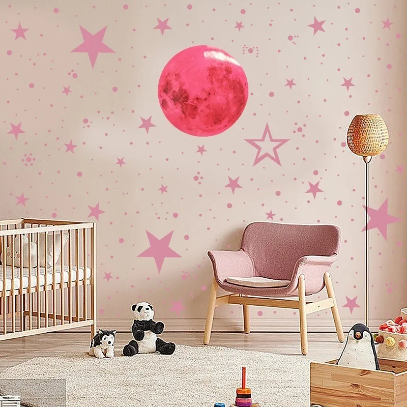 3d Pink Moon Luminous Stickers muraux pour les enfants pour enfants Décor de maison DIY ART DÉCALES FLUORESCENTS Les étoiles brillent dans l'obscurité 220607