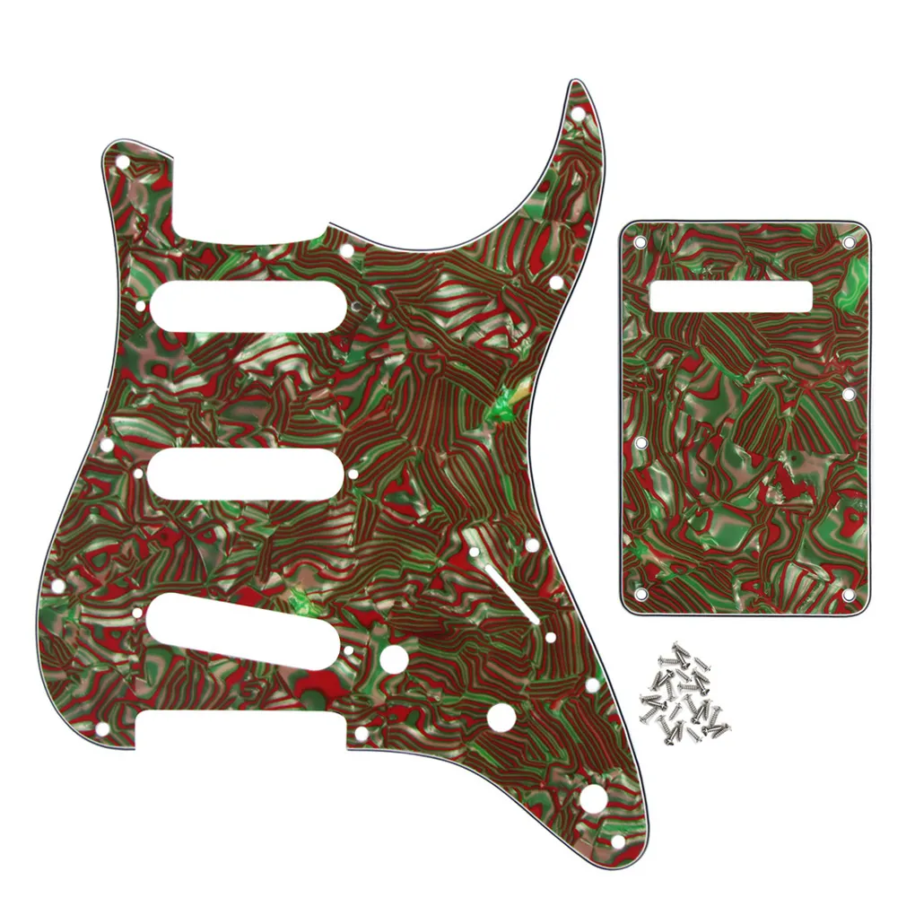 1 conjunto SSS Pickguard 11 furos 4 camadas placa de arranhões com parafusos de placa traseira para peças de guitarra elétrica listra vermelha/verde