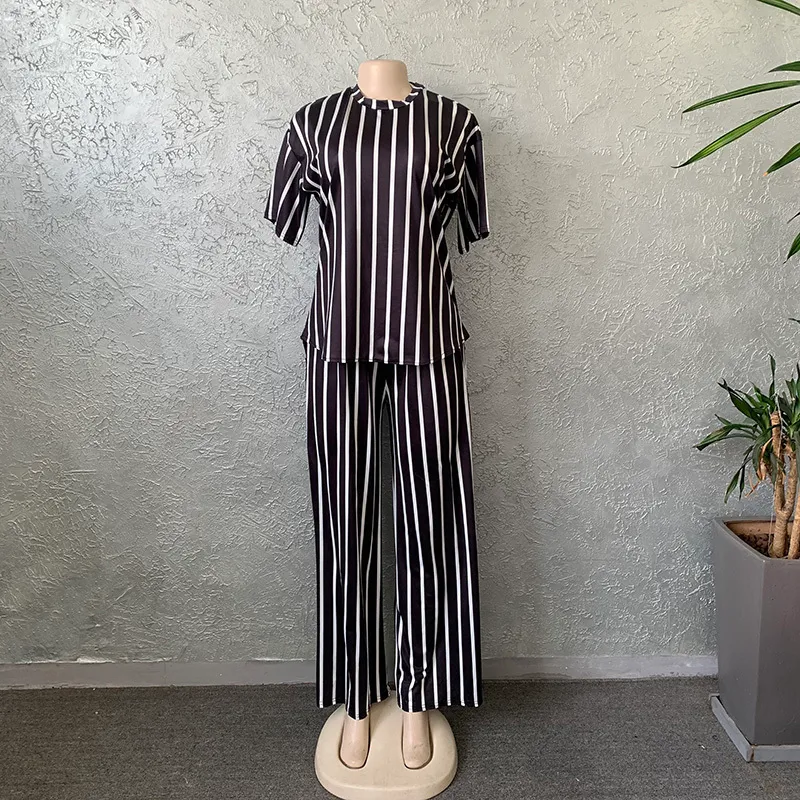 Femmes Stripe Imprimé 2 Pièces Ensembles Survêtement Casual Plus La Taille Bureau Lady Tops et Pantalon Large Ensemble Pour 220315