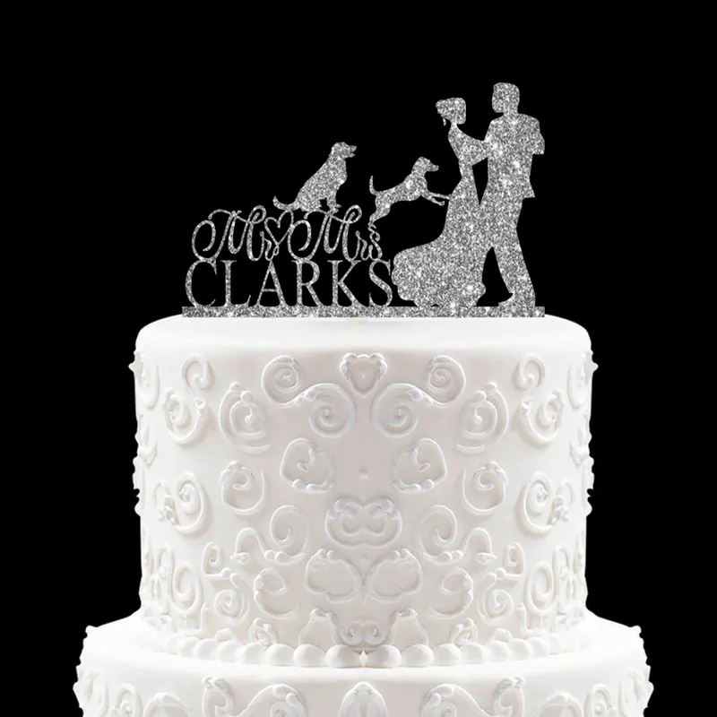 Benutzerdefinierte MrMrs Nachname Hochzeit mit zwei Hunden Rustikaler Kuchendeckel Jahrestag personalisierte Partydekoration für Familie D220618