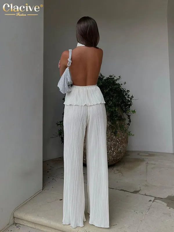 CLACIVE SEXY BACKLESS TANK TOP SET Woman Summer White Pleated Trouser Suits Female Elegant High midje Wide Pants Set 220812