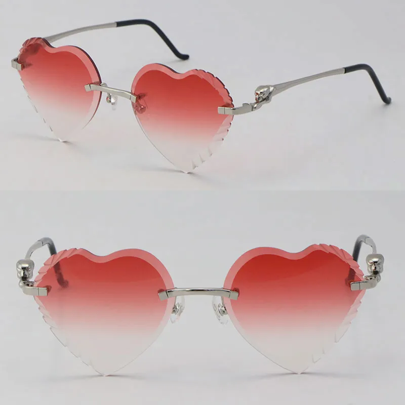 Ny modell hjärtform ansikte Rimless Metal Solglasögon Kvinnor Cheetah Series Diamond Cut Lens utomhus Kör röda linser Glasögon desi220v