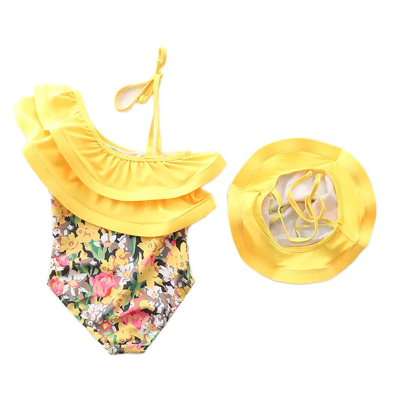 1~7 Jahre Baby Mädchen Badeanzug Rüschen Stil Kinder Bademode für Kinder Strandkleidung mit Cap-SW442 220426
