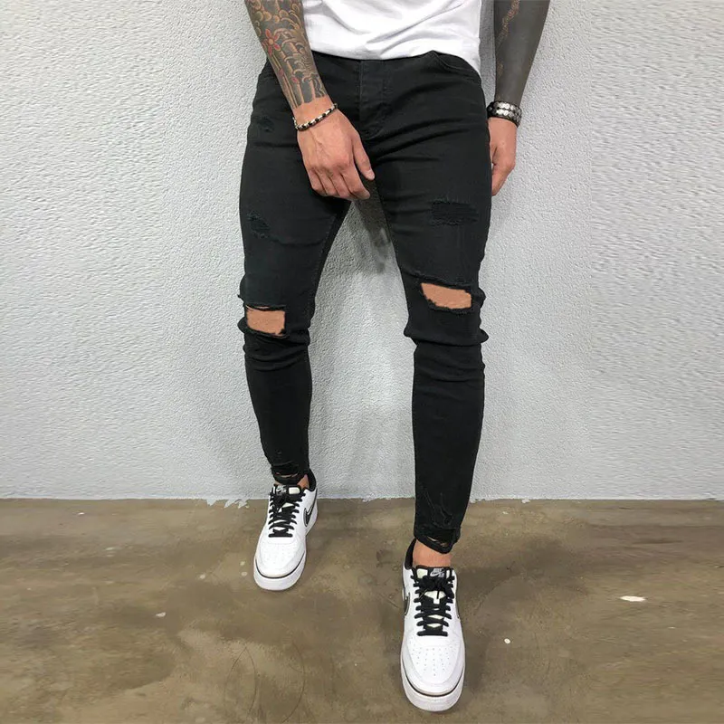 Men jeans knähål rippade stretch mager denim byxor fast färg svart blå höst sommar hip-hop stil smal passform byxor s-4xl 220606