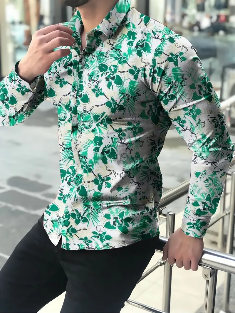 Camisas florales de manga larga Oto￱o para hombres camisas estampadas con flores corte lgado cam 220322