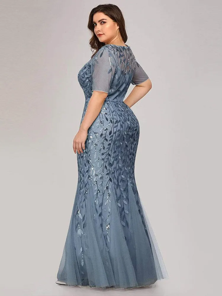 Plus Size Paillettes Mesh Sirena Abito da sera sottile In rilievo Foglie Modello Formale Donna Elegante Abiti da ballo feste Manica corta 220714