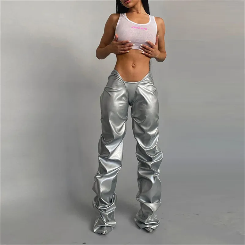 Solid Faux PU Leather Shiny Women Pants Hipster High Street Irregular Shape Folds Clothing Elastic Waist Female Streetwear 220726