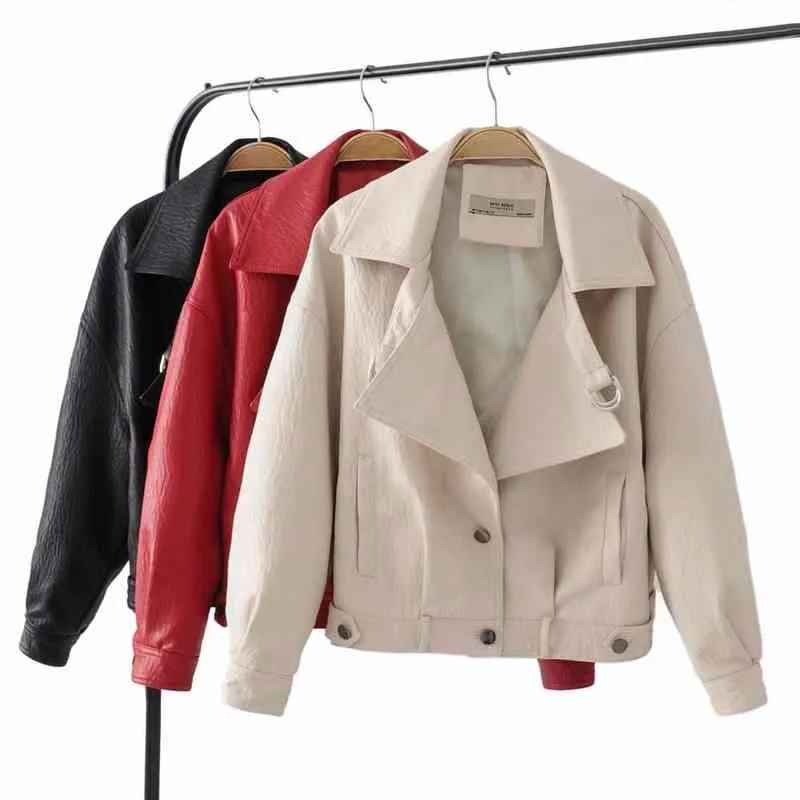 2021 mode femmes élégante fermeture éclair Faux cuir Biker veste en rouge noir mince dames manteau décontracté marque moto cuir manteau L220728