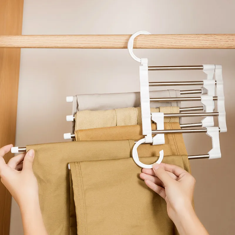 5 in 1 Multifunzione Pant Rack Hnager Armadio in acciaio inossidabile Regolabile Magic Pantaloni Appendini portasciugamani Ripiani Armadio Organizer 220815