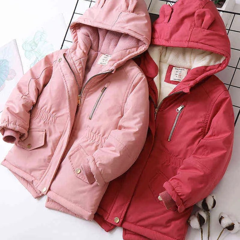 2021 nueva chaqueta de invierno para niñas Keep Warm Plus de terciopelo, chaqueta gruesa con capucha de estilo largo para exteriores para niñas y niños, ropa de abrigo bonita y pesada J220718