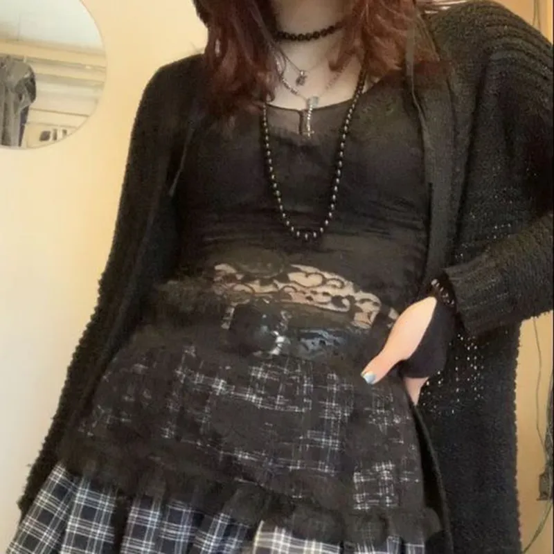 Korean Kawaii Retro Black Lace Cami Top Women Sexy See Through Inside Corset Top Egirl Harajuku Gothic Grunge Emo Alt Clothes 220607