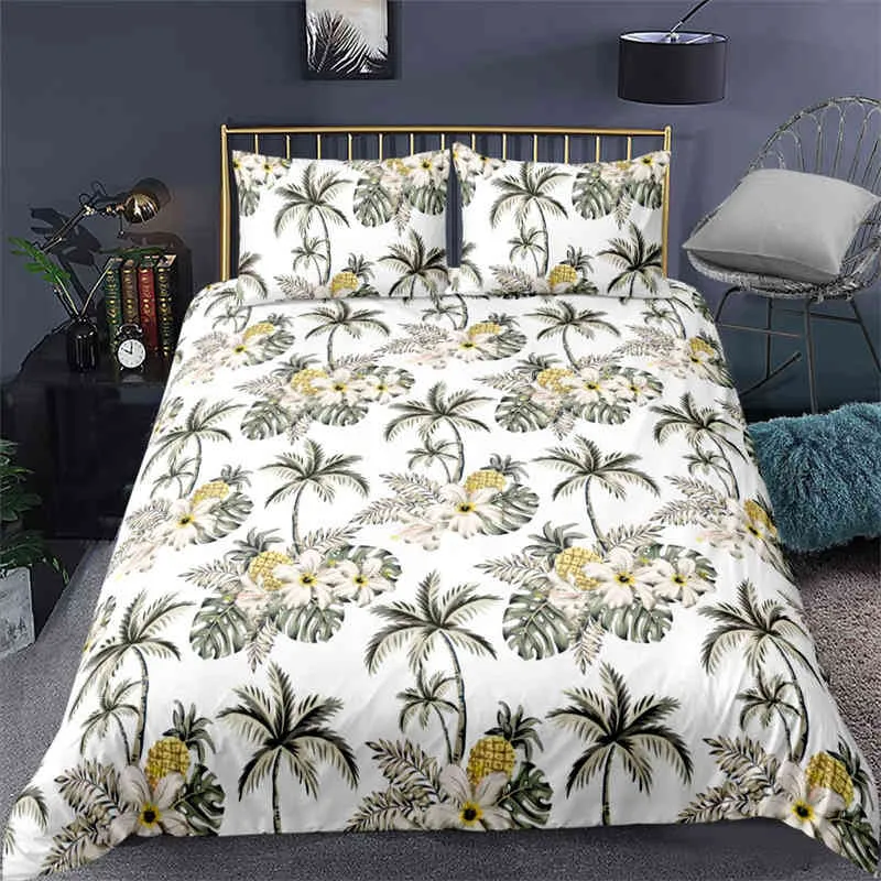 Canlı Botanik Çiçek Yorgan Kapağı Çift boyutlu Lotus Çiçek Yaprakları Yatak Seti Yumuşak Tropikal Palmiye Ağacı Yatık Yastık