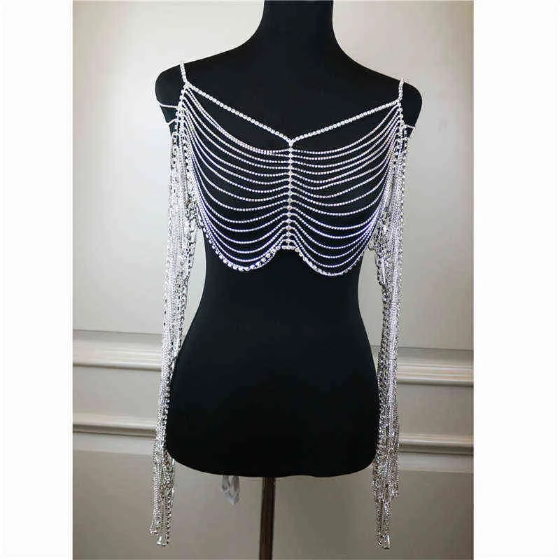 النساء المصنوعة يدويًا سلسلة Camisole تقليد الأكمام الطويلة Crystal Vest Hollow Out Mesh Top Club Body Crops Drop Shipping T220817