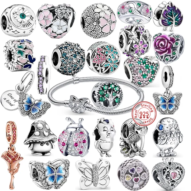 925 Silver Fit Pandora Charm 925 Bracelet Blue Butterfly Clover Clover Chick Pave Sparkling Beads Charms Set Подвесной Diy Beads Jewelry Jewelry