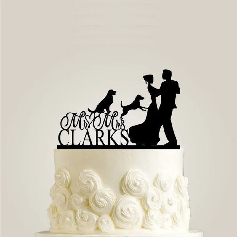 Casamento personalizado de sobrenome do MRMRS com dois cães de bolo rústico de bolo de capota de festas personalizadas para a família 220618