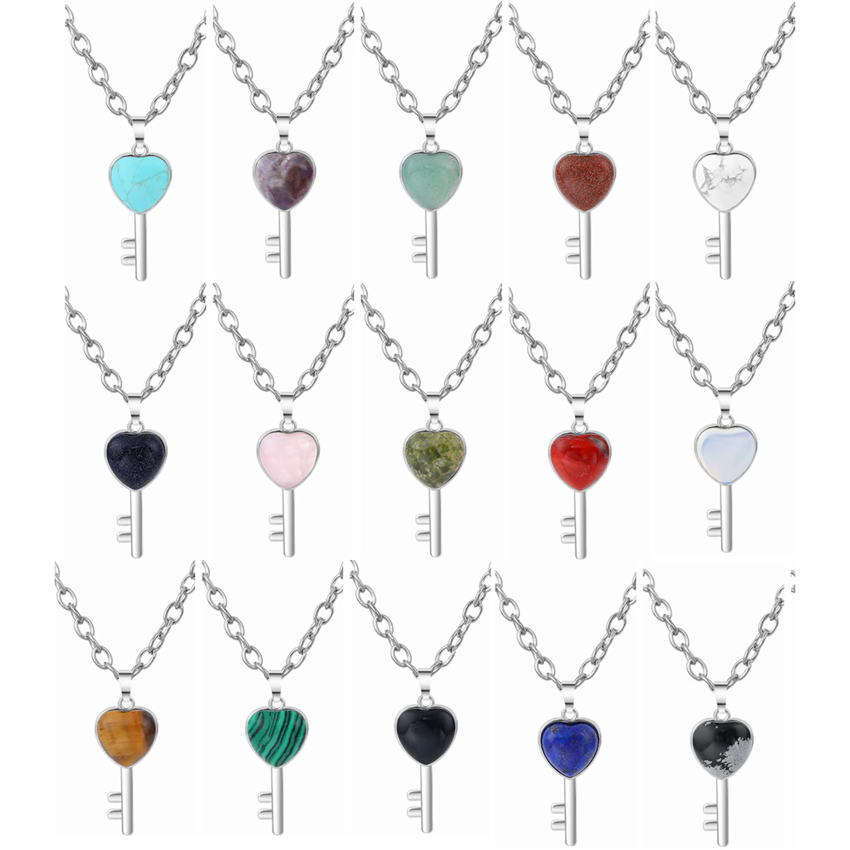 Naturstein-Schlüsselanhänger, Y-Halskette, klobige Punk-Silberkette, Choker, kubanischer Link, Statement-Schmuck für Frauen und Mädchen