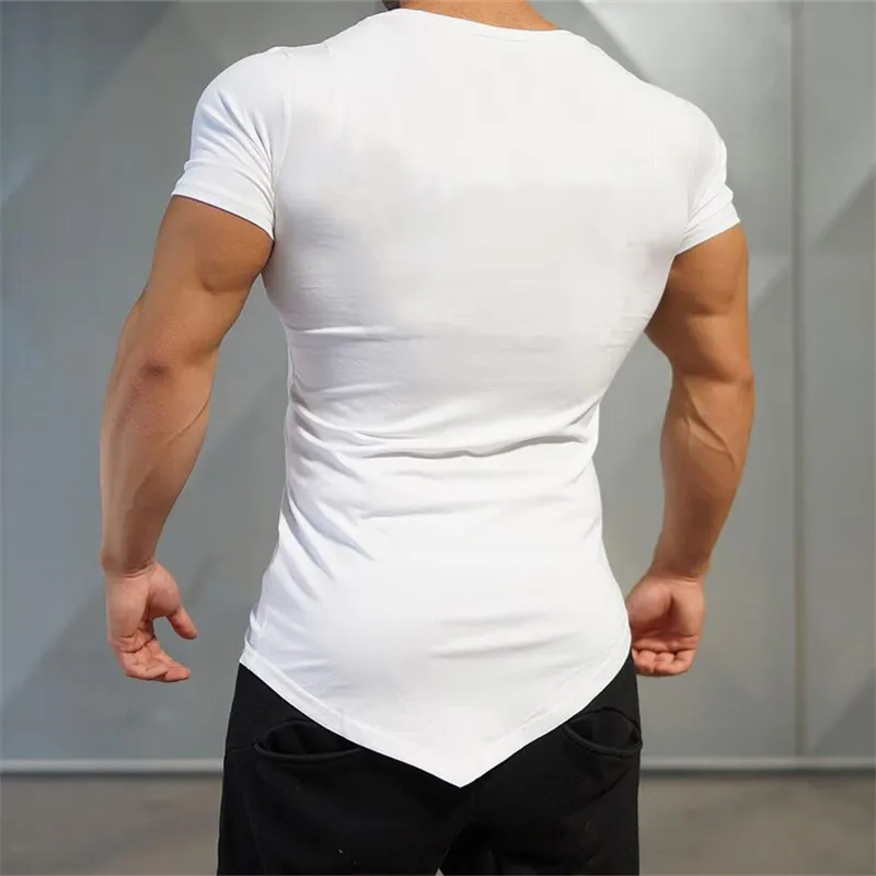 Marca fitness masculino de algodão camiseta curta oblíqua v ginásio de pescoço roupas camisetas de musculação masculina machos slim tees apertados 220504