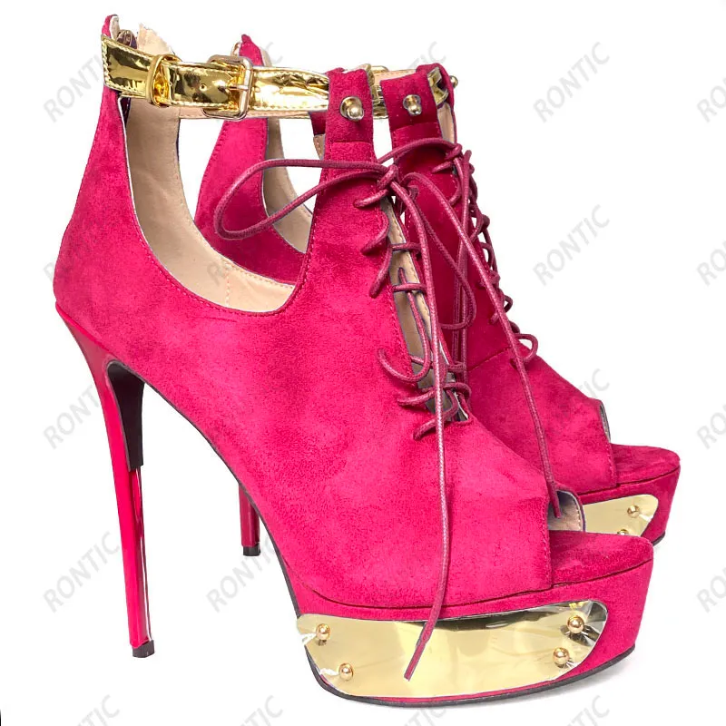 Rontic-Sandalias de plataforma hechas a mano para mujer, zapatos de tacón de aguja sexys de ante sintético con punta abierta, color azul, morado y rosa, talla estadounidense 5-20